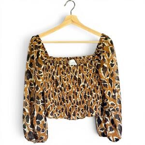 J.O.A. Just One Answer Leopard Smocked Long Sleeve Crop Top Size Medium